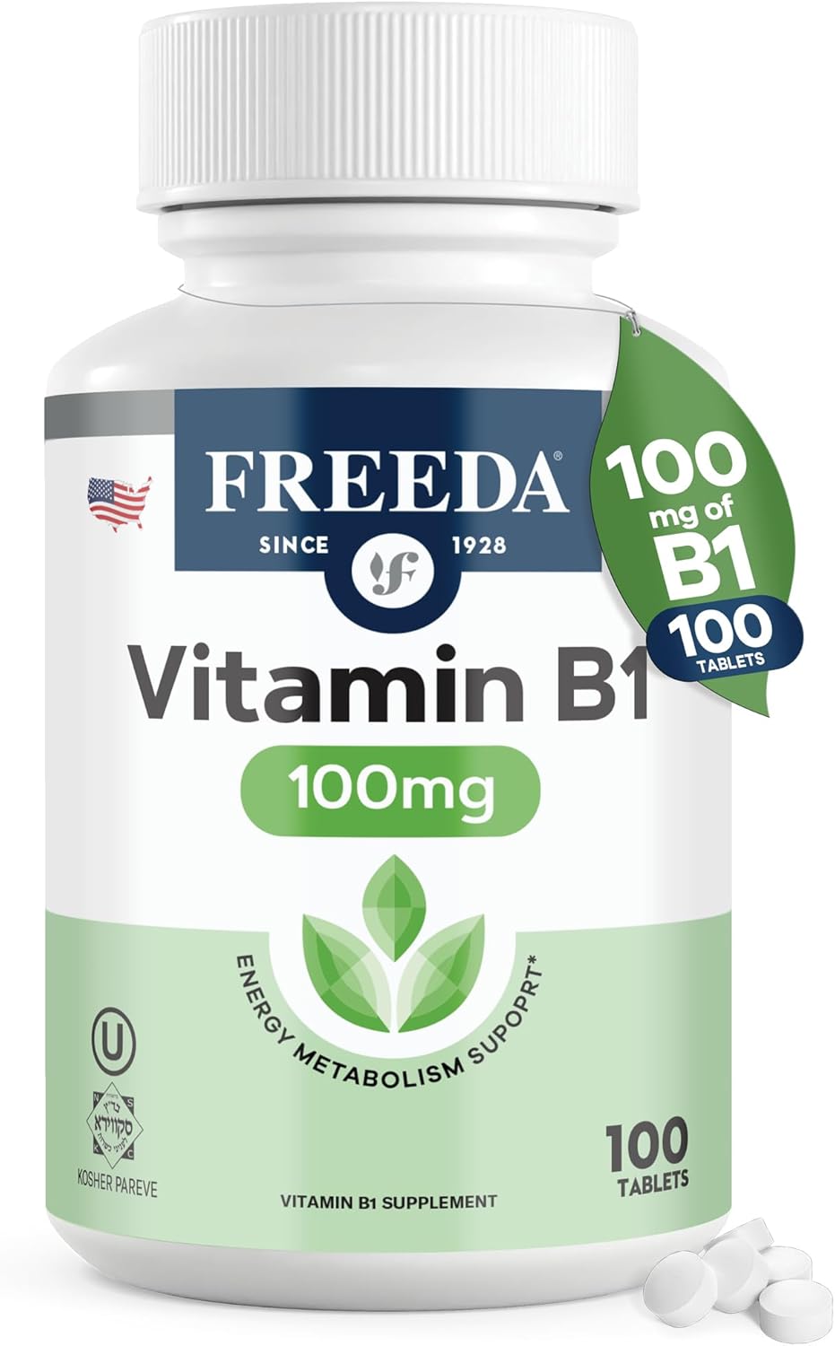 Freeda Vitamin B1 Thiamine 100mg - Supports Energy Metabolism, Nervous System Health - Kosher, Vegan, Gluten Free - Thiamin HCl 100 mg Vitamin B 1 - Pure Vit B1 Vitamin Thiamine B1 Supplement (100 Ct)