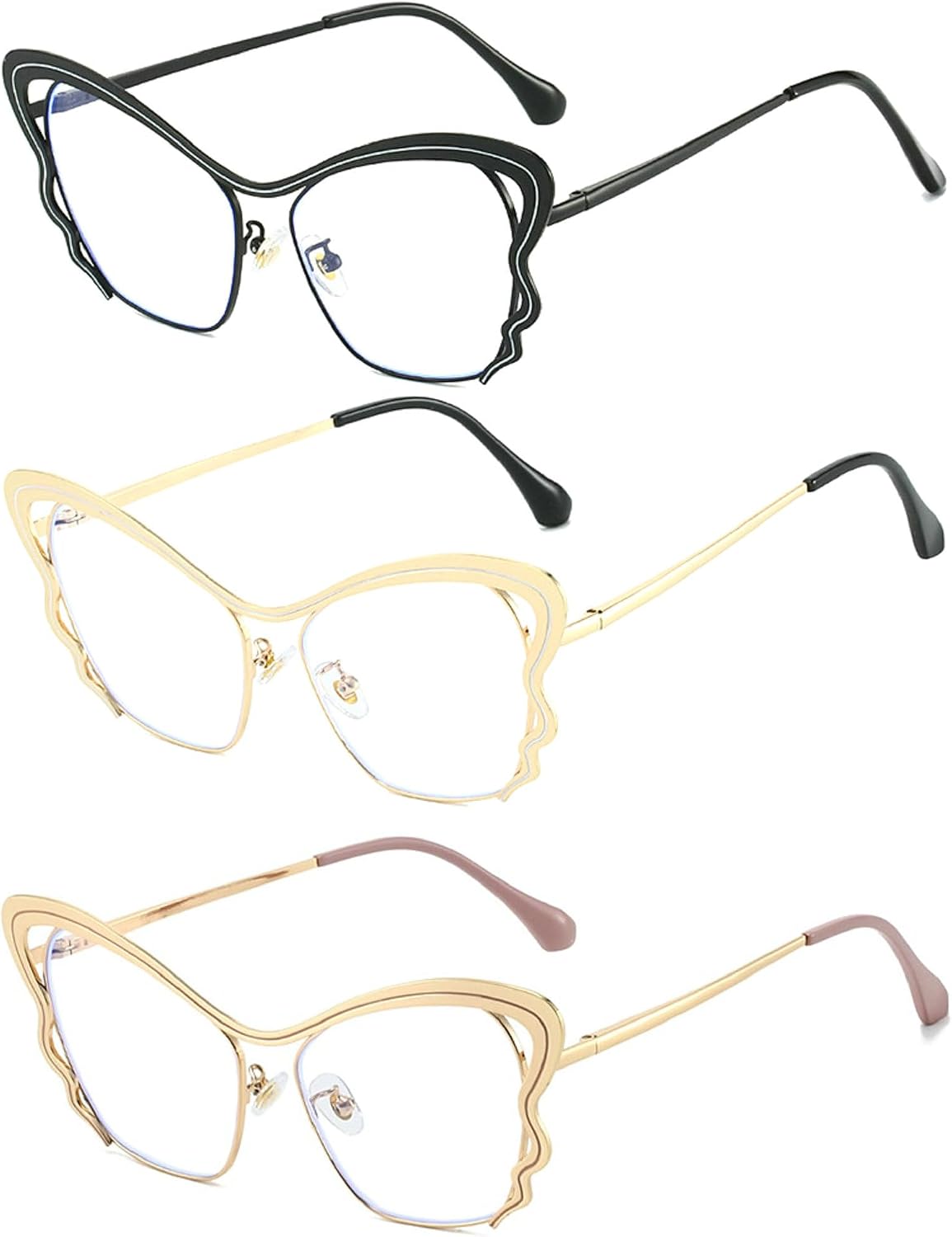 3Pack Reading Glasses with Blue Light Blocking Lenses, Metal Reader for Women, Vintage Butterfly frame