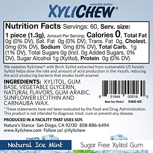 Xylichew 100% Xylitol Chewing Gum Jars - Non GMO, Gluten, Aspartame, and Sugar Free Gum - Natural Oral Care, Relieves Bad Breath and Dry Mouth - Ice Mint (60 Count, Pack of 4)