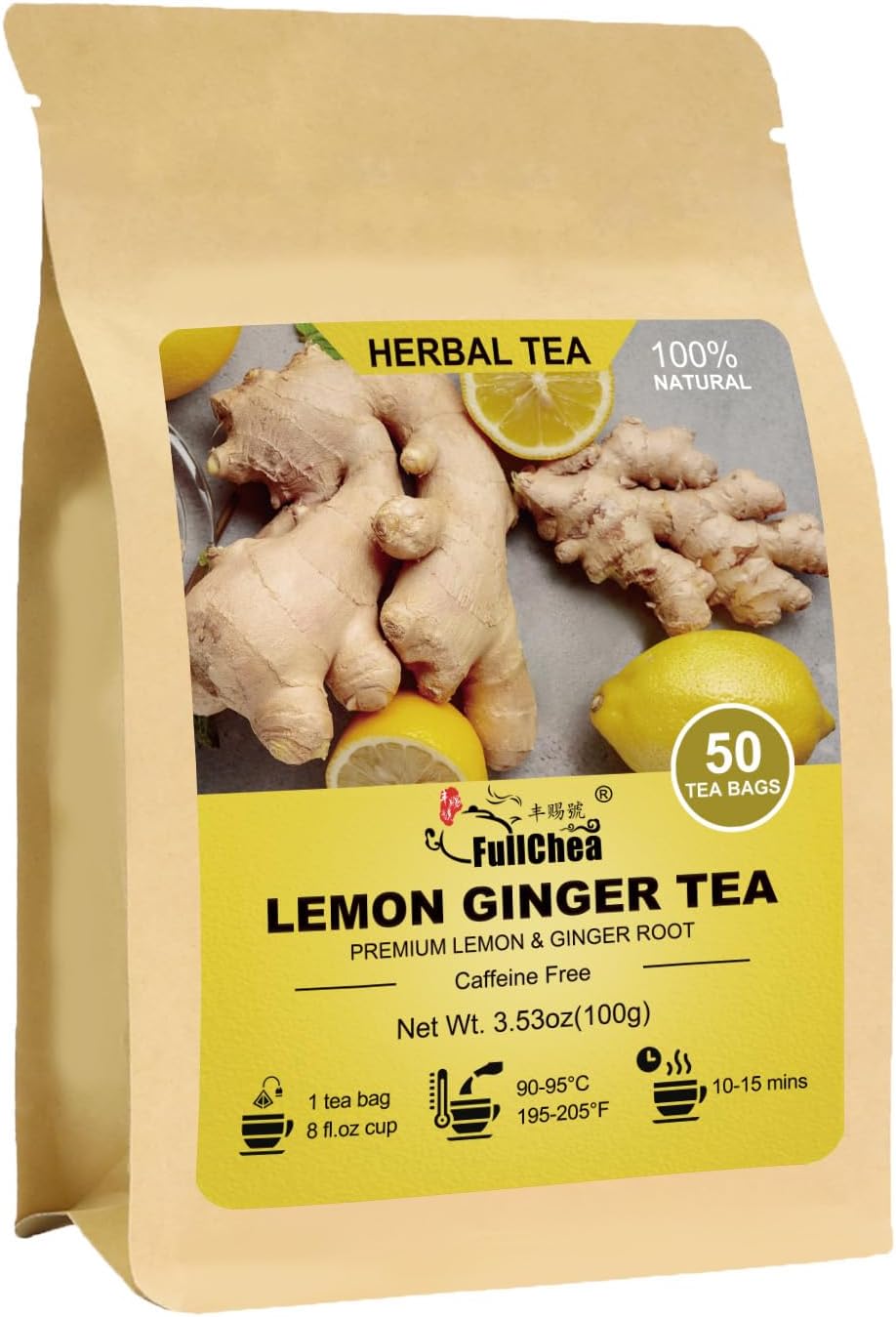 FullChea - Lemon Ginger Tea Bags, 50 Teabags - Pleasantly Spicy & Warming - Non-GMO - Caffeine-free - Support Healthy Digestion & Boost Immunity