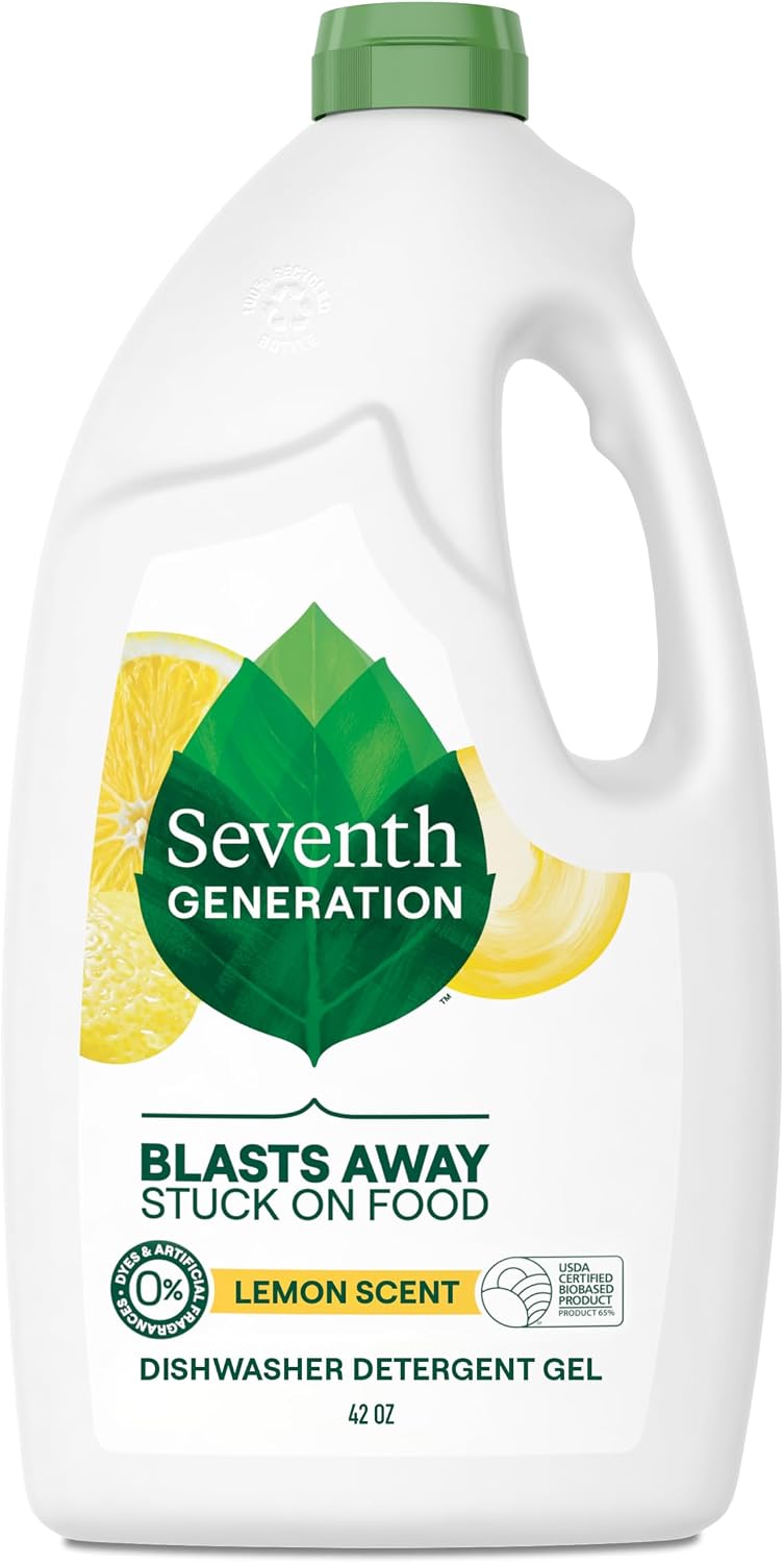 Seventh Generation Dishwasher Detergent Liquid Gel, Powers Away Stuck-On Food, Lemon Scent, 42 Oz