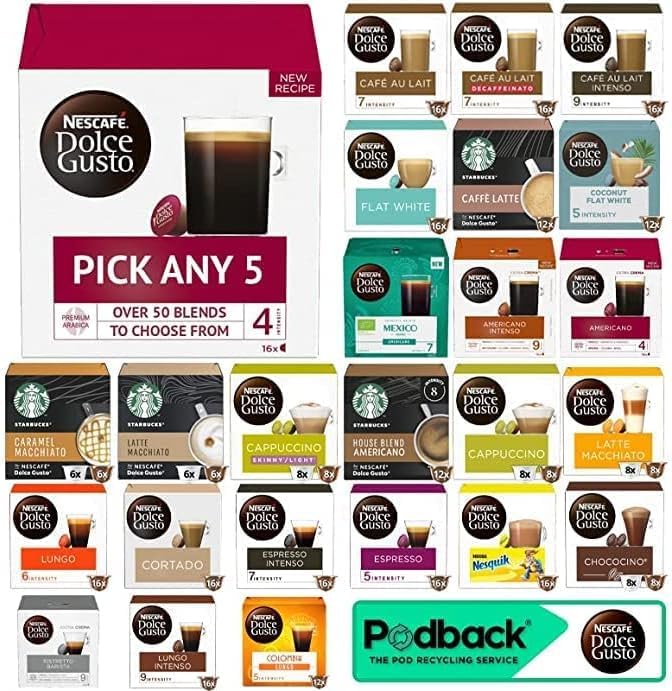 Nescafe Dolce Gusto Coffee, Tea, Chocolate Pods. Pick Any 5 Packs from 40+ Blends Inc: Decaf, Caramel, Cappuccino, Latte, Mocha, Espresso, Skinny, Nesquik, Cafe Au Lait, Vanilla