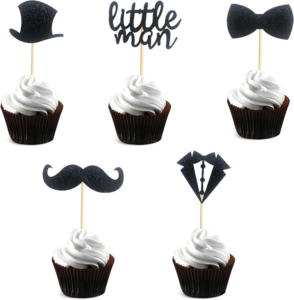 Pack of 40 Pre-Assembled Black Glitter Little Man Mini Beard Bowtie Hat Suit Cupcake Toppers for Boy Birthday Party Decorations