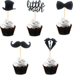 Pack of 40 Pre-Assembled Black Glitter Little Man Mini Beard Bowtie Hat Suit Cupcake Toppers for Boy Birthday Party Decorations