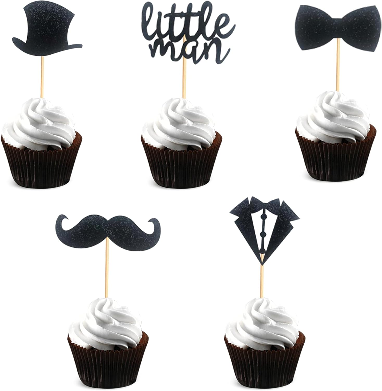 Pack of 40 Pre-Assembled Black Glitter Little Man Mini Beard Bowtie Hat Suit Cupcake Toppers for Boy Birthday Party Decorations
