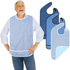Modaliv Adult Bibs 3-Pack – Waterproof Reusable Eating Bibs with Crumb Catcher Pocket, Machine Washable Clothing Protectors for Seniors, Elderly & Disabled (Denim & Stripes)