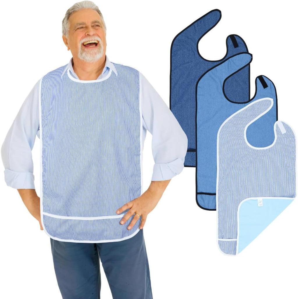 Modaliv 3-Pack Classic Denim & Stripes Adult Bibs, Waterproof Reusable Eating Bibs with Crumb Catcher – Machine Washable Clothing Protectors for Seniors, Elderly & Special Needs