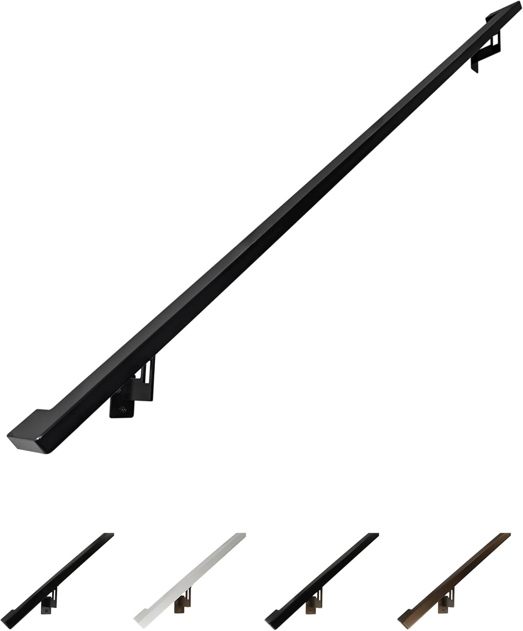 Modern Aluminum Handrail Grab Bar Kit, Adjustable Steel Brackets Included, Returns to Wall, Powder Coated Finish (Black, 6 Foot Handrail Set)