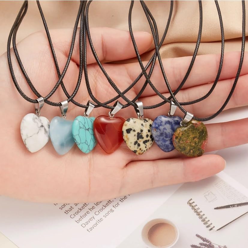 LE SKY 20 Pcs Natural Stone Necklace Healing Heart Gemstone Pendants Crystal Charms PU Leather Cord for Women Jewelry Gift