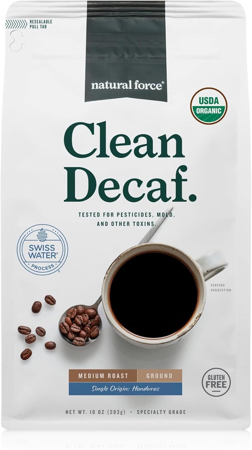 Natural Force Organic Mold Free Coffee, High CGA Coffee, Mycotoxin Free, Low Acidity, Incredible Taste & Aroma, Ground Swiss Water Decaf Medium Roast, 10 oz