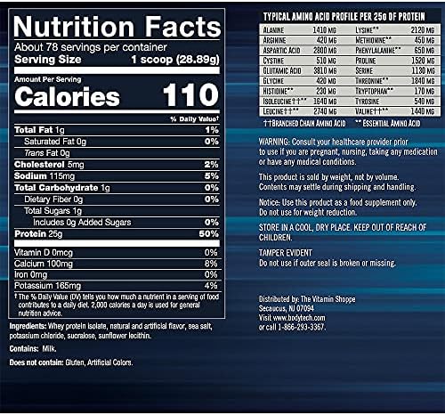 BodyTech Whey Protein Isolate Powder, French Vanilla Flavor, 25g Protein per Serving, High Concentrated Protein Powder with Amino Acids & BCAAs for Men and Women, Gluten Free, 5 lbs, 78 Servings