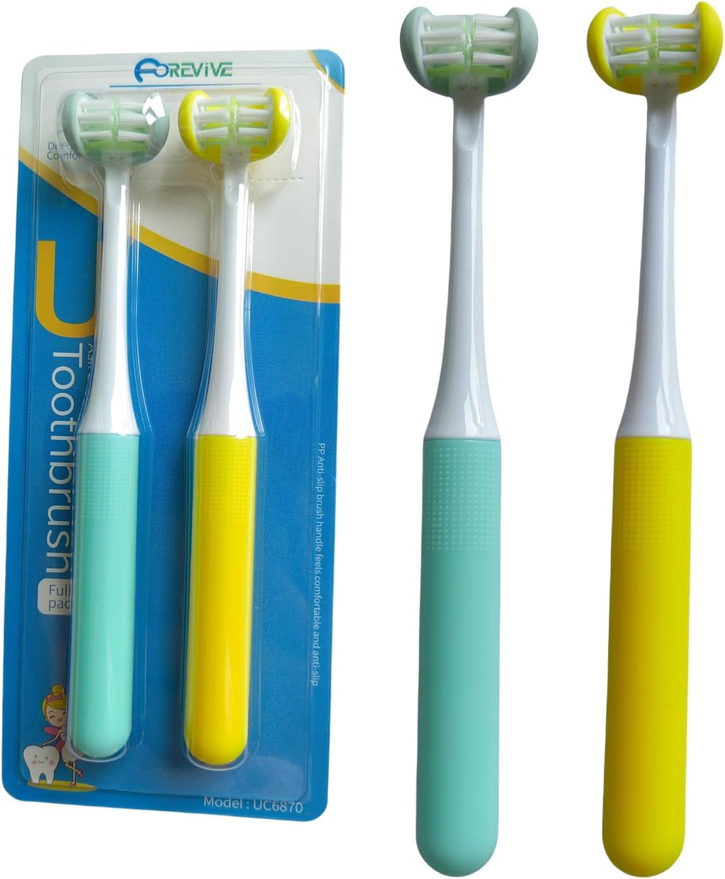 Kids Toothbrush Medium,Child Toothbrush Soft Bristle,Toddler Tooth Brushes 3 Sided,Brushing Kids Teeth Made Easy and Efficient,Pack 2 (Yellow+Bule)