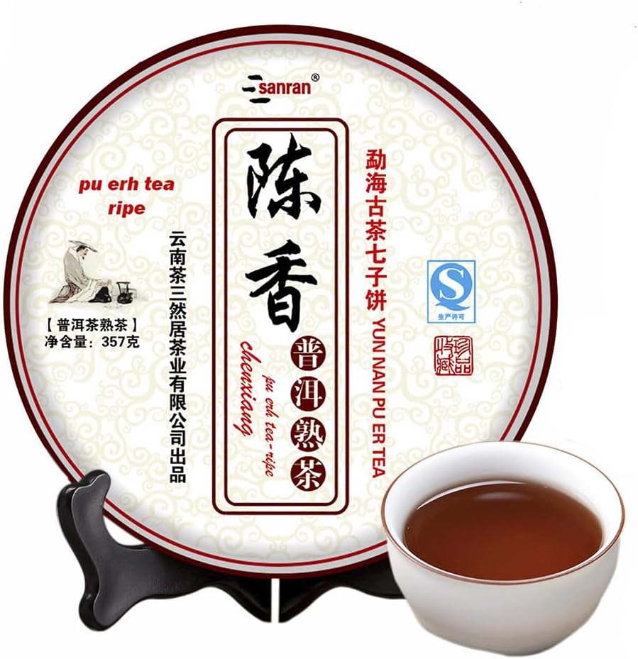SANRAN Puerh Tea Cake, Aged Fermented Pu-er Tea, Chinese Yunnan Ripe Puer Tea, Gift for Family, Friends, 12.6oz/pack