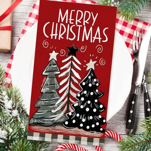 JarThenaAMCS 100Pcs Christmas Guest Napkins Red Black Xmas Tree Disposable Paper Napkins Dinner Hand Napkin for Winter Kitchen Bathroom