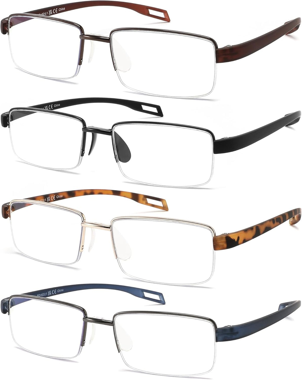 4 Pack Blue Light Blocking Reading Glasses for Men and Women,Semi Rimless Light Weight TR90 Temple Computer Readers (+1.0 Strength)