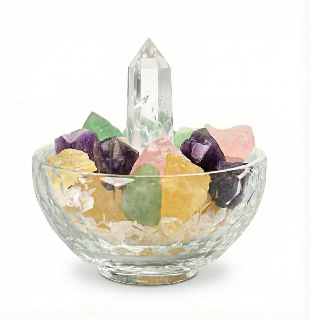 Crystal Decor Bowl Set – 4" Glass Cleansing Bowl with Real Healing Crystals: Clear Quartz Tower, Amethyst, Rose Quartz, Citrine & Fluorite – Meditation Decor & Spiritual Gift Box