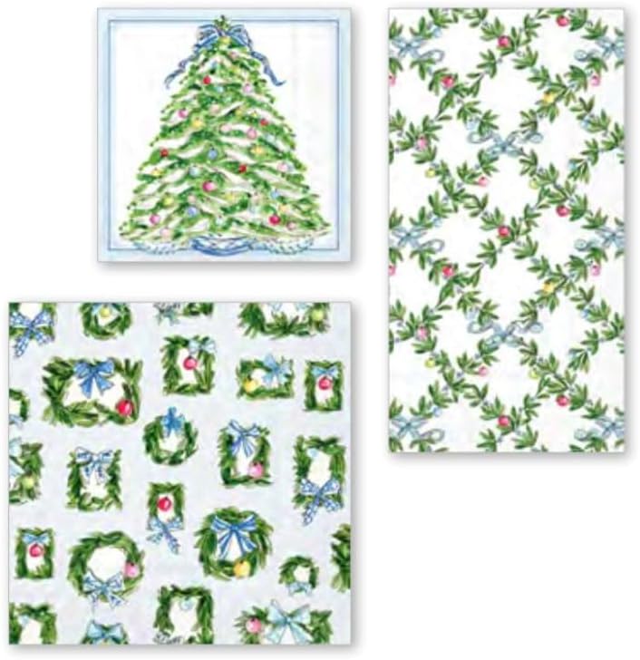 IHR Ideal Home Range Party Napkins Disposable 3-Ply Paper Lunch Napkin Pack, 6.5" x 6.5", Boxwood Ornaments, 20-Count