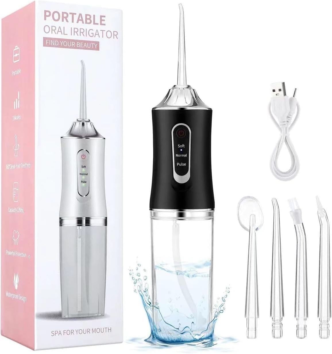 Water Dental Flosser Teeth Pick Portable Cordless Oral Irrigator Rechargeable Travel Irrigation Cleaner 3 Modes 4 Jets IPX7 Waterproof Electric (Black)