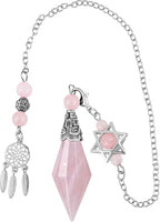 TUMBEELLUWA Reiki Healing Crystal Point Pendulum Dowsing Divination, Reiki Meditation Faceted Stone Pendant with Dream Catcher and Merkaba Star Chain, Rose Quartz