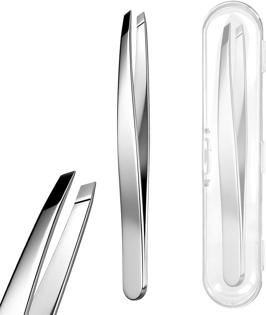 2 PCS Precision Slant Eyebrow Tweezers, Tweezers for Women Facial Hair & Ingrown Hair Removal Silver Stainless Steel Eyebrow Hairs Removal Tweezer with Case for Women Men