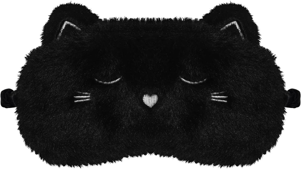 Cute Cat Sleeping Mask Eye Mask Funny Animal Kitten Sleep Mask Soft Plush Blindfold Travel Eye Cover Eyeshade for Kids Adults Girls Boys Women Men (Cat, Black)
