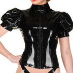 Women's Black Latex T-shirts,Rubber Puff Sleeve Tops,Front Zipper,Suitable for Novelty Latex Club Wear
