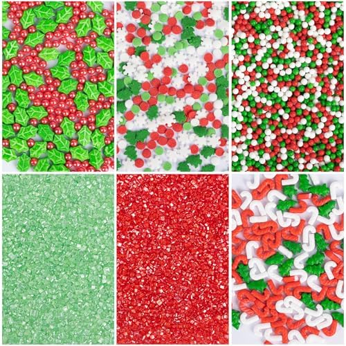 Twisweet Christmas Sprinkles 6 Cell-6.7oz Edible Pearls for Cake Decorating, Red Green Sanding Sugar Sprinkles Xmas Tree Candy Cane Mix, Cupcake Topper Ice Cream Cookie Toppings Cake Decorations, Holiday Christmas Party Supplies