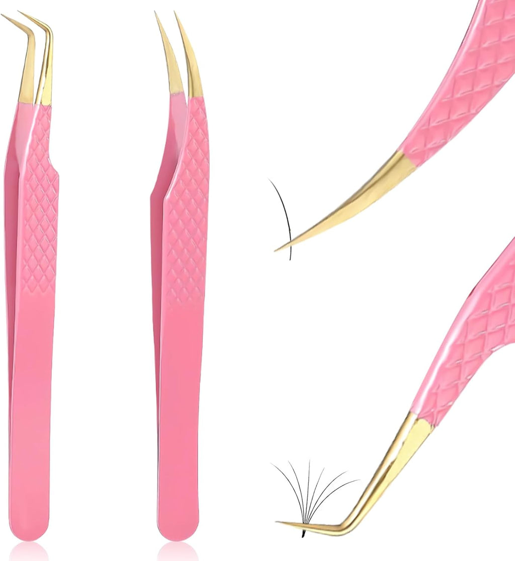 2PCS Professional Lash Tweezers Set, Bent & Straight Tip Precision Eyelash Extension Tweezers for False Lashes, Non-Slip Grip