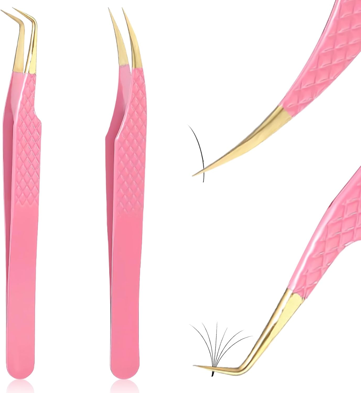 2PCS Professional Lash Tweezers Set, Bent & Straight Tip Precision Eyelash Extension Tweezers for False Lashes, Non-Slip Grip