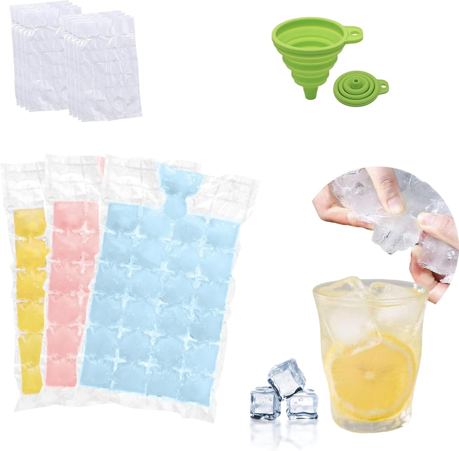 Easy-to-Fill Ice Cube Bag with Funnel (150 packs), Leak-Proof, Self-Sealing, and Stackable, Perfect for Parties, Cocktails, and Refrigerator Storage,Ice Mold with No Debris