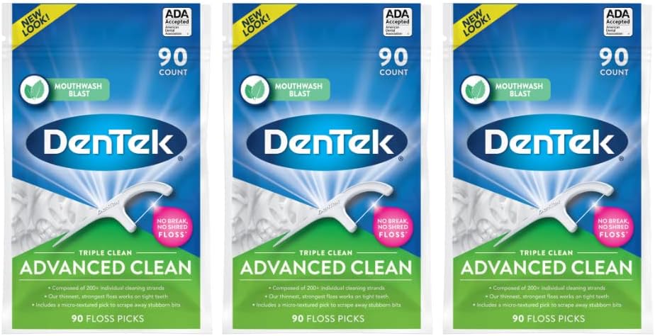 DenTek Triple Clean Advanced Clean Floss Picks, No Break & No Shred Floss, 90 Count, (Pack of 3)