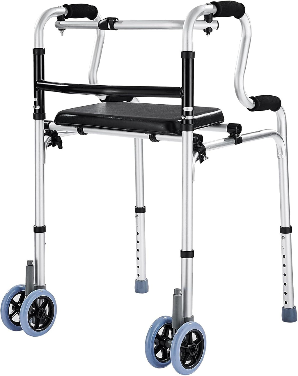Folding Walkers with Wheels and Seat 390LB,Auto Brake Double Front 5" Wheel Walker,Lightweight Standard Walkers for Seniors,Aluminum Rolling Walker for Adults,Height Adjustable Walking Mobility Aid