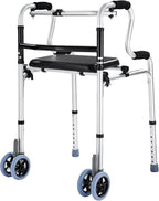 Folding Walkers with Wheels and Seat 390LB,Auto Brake Double Front 5" Wheel Walker,Lightweight Standard Walkers for Seniors,Aluminum Rolling Walker for Adults,Height Adjustable Walking Mobility Aid