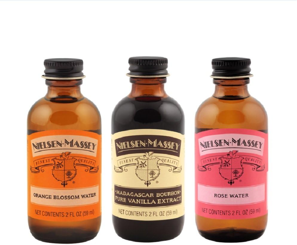 Nielsen-Massey Floral Food Flavors Bundle, Rose Water, Orange Blossom Water, Madagascar Bourbon Pure Vanilla Extract for Baking and Cooking, 2 Ounce Bottles