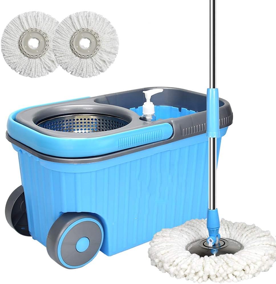 Rotating mop Double Drive Hand Pressure Automatic Drying Mop Bucket, 4 mop Heads Metal Basket
