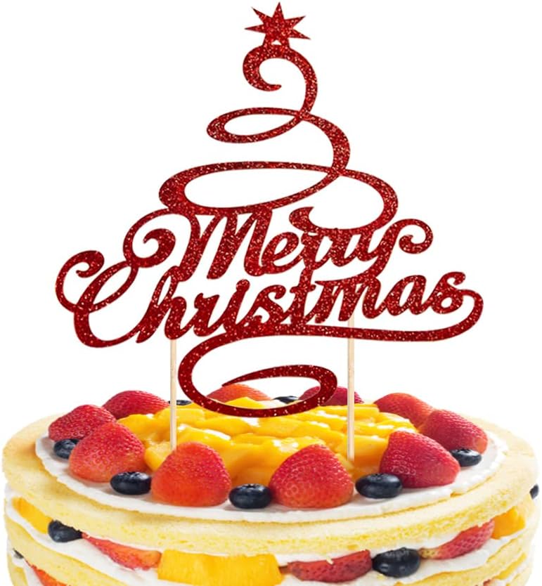 Merry Christmas Cake Topper Red Glitter Christmas Tree Topper Xmas Holiday Cake Picks for Christmas Party Birthday Wedding Decorations By GotGala