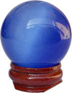 38-42mm Blue Cat's Eye Stone Healing Crystal Divination Sphere Sculpture Figurine Gemstone Ball,Feng Shui Chakra Aura Home Desk Decor Decorative Collection,with Wooden Stand