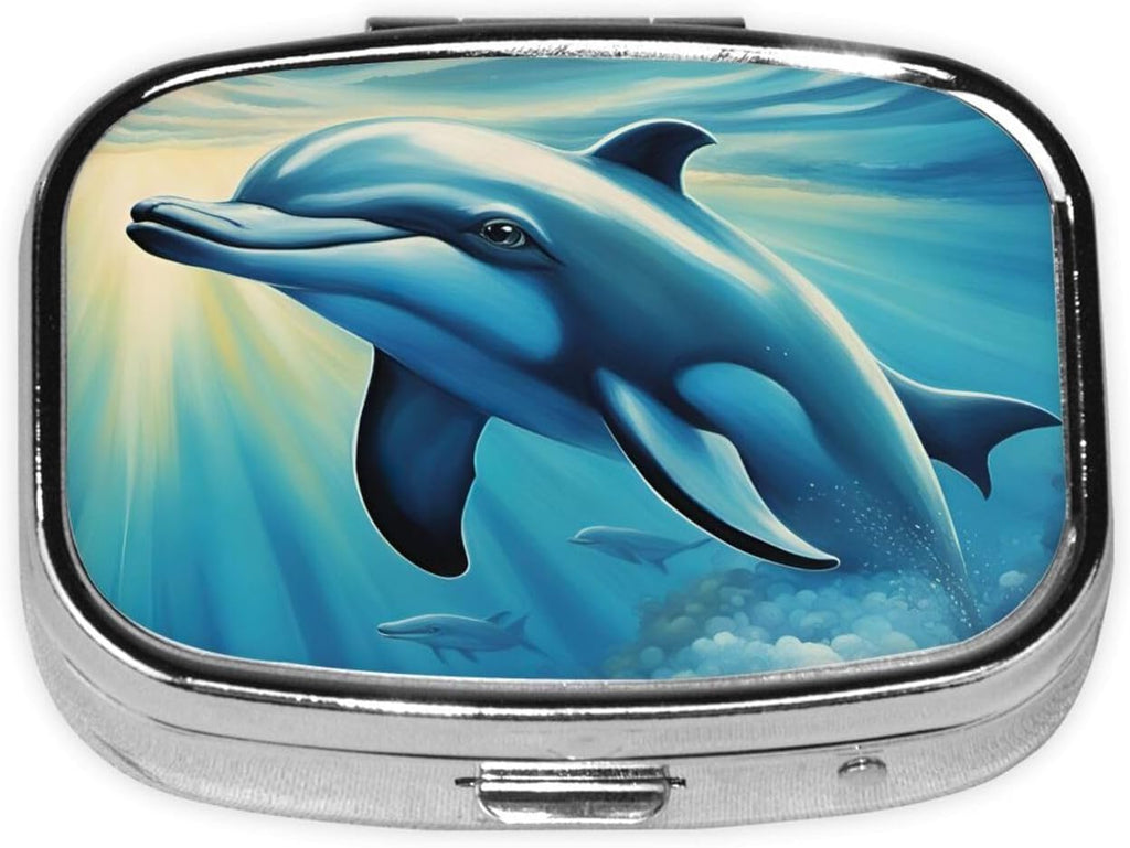 Ocean Dolphin Looking At You 1 Print Square Metal Pill Box Decorative Pill Case - Carry Your Meds in Style (Rectangular)