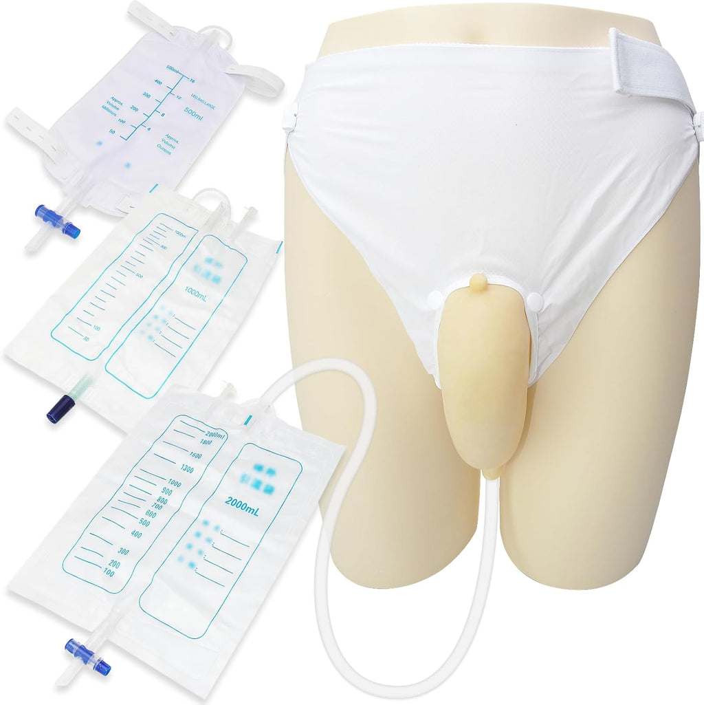 External Catheter for Men,Urine Collection Bag,Portable Reusable Wearable Soft Latex Urinals Drainage Systems with External 3 Catheter Bags,Lengthen the Catheters/Large Diameter