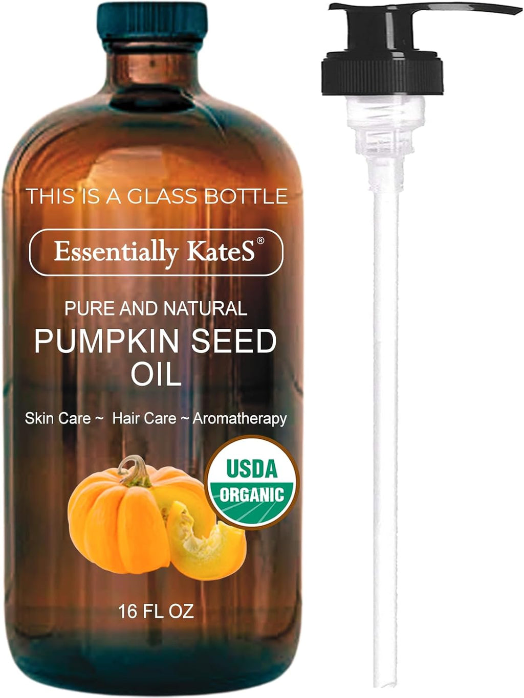 Pumpkin Seed Oil 16 fl oz (Glass Bottle) - USDA Organic Cold Pressed - 100% Pure and Natural - Hexane Free, Phthalate Free - Skin, Hair, Body, Massage Oil