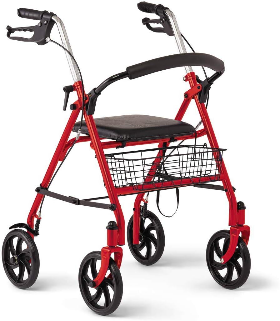 Medline Steel Rollator Walker with 8 Inch Wheels, Folding Rolling Walker, Adjustable Arms, Supports 300 lbs, Red