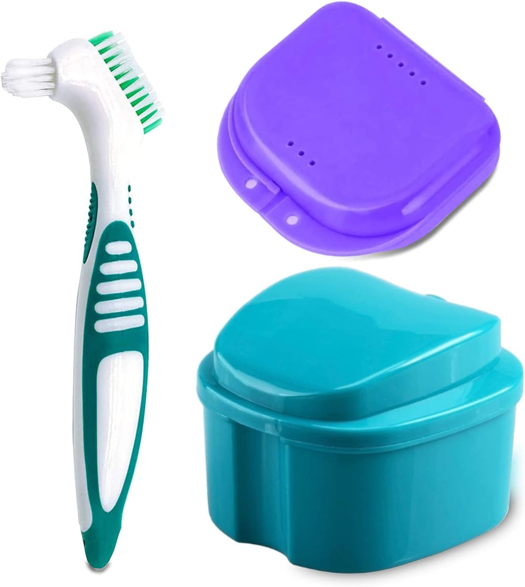 Denture Bath Case Cup with Denture Cleaner Brush & Retainer Holder Box, Complete Clean Care for Dentures, Clear Braces, Mouth Guard, Night Guard & Retainers,Traveling (Blue)