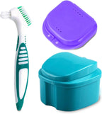 Denture Bath Case Cup with Denture Cleaner Brush & Retainer Holder Box, Complete Clean Care for Dentures, Clear Braces, Mouth Guard, Night Guard & Retainers,Traveling (Blue)