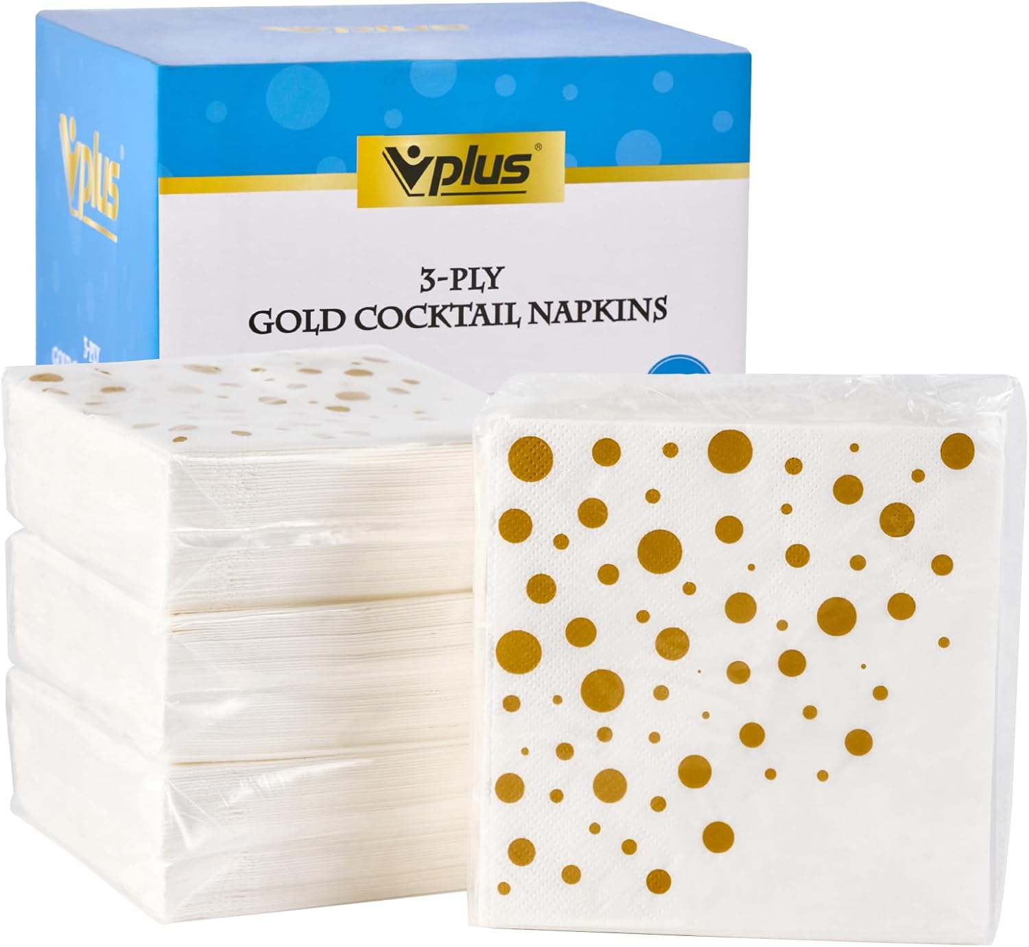 Vplus 200 Pack Cocktail Napkins Paper, 3-Ply Beverage Napkins, Disposable Gold Square Napkins, Perfect for Restaurant, Event, Bar, Wedding, Baby Shower and Birthday Party