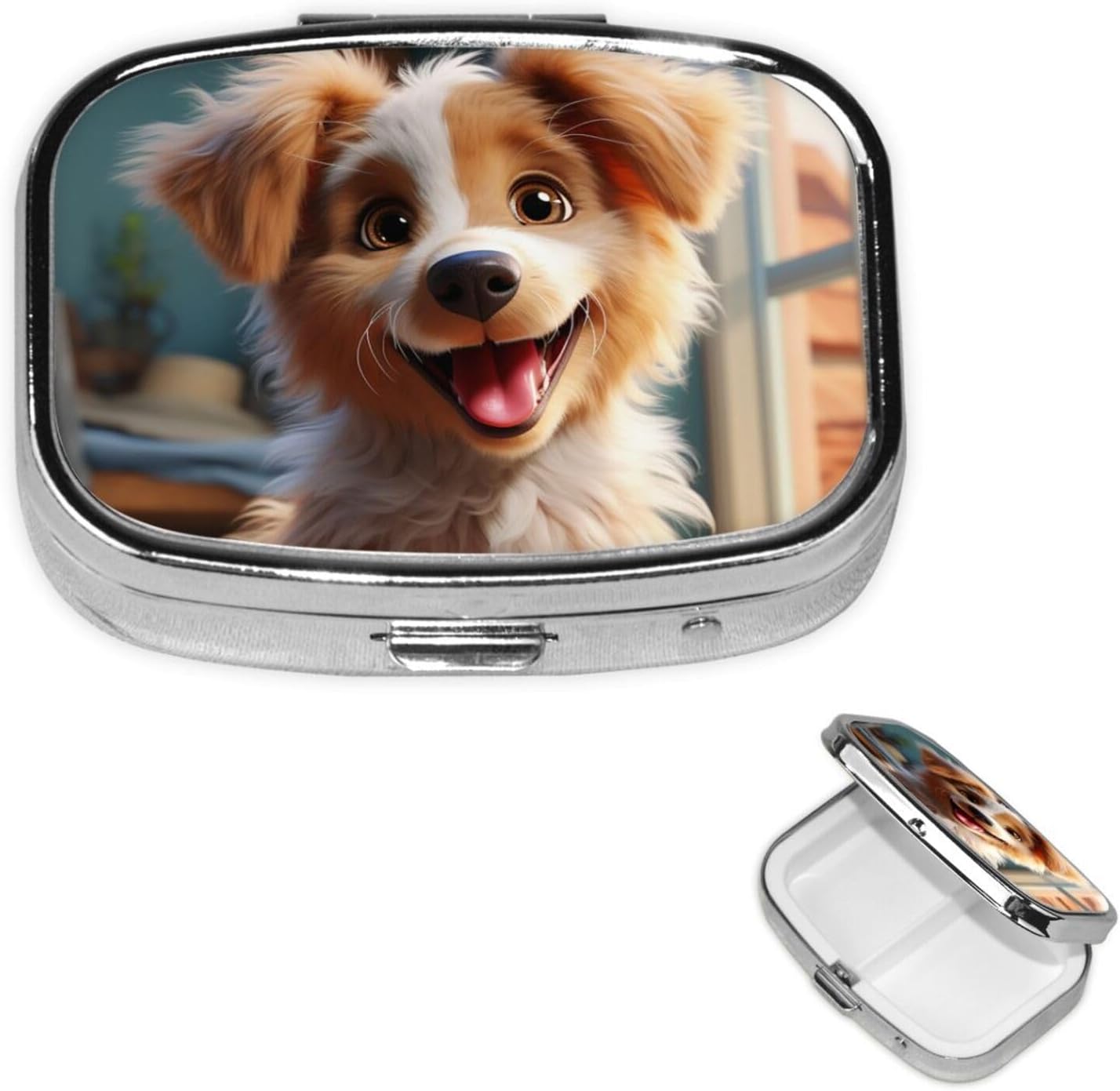 Cute Dog Pill Box 2 Compartment Small Pill Case for Purse & Pocket Decorative Metal Medicine Case Travel Pillbox Square Pill Organizer Vitamin Container Unique Gift