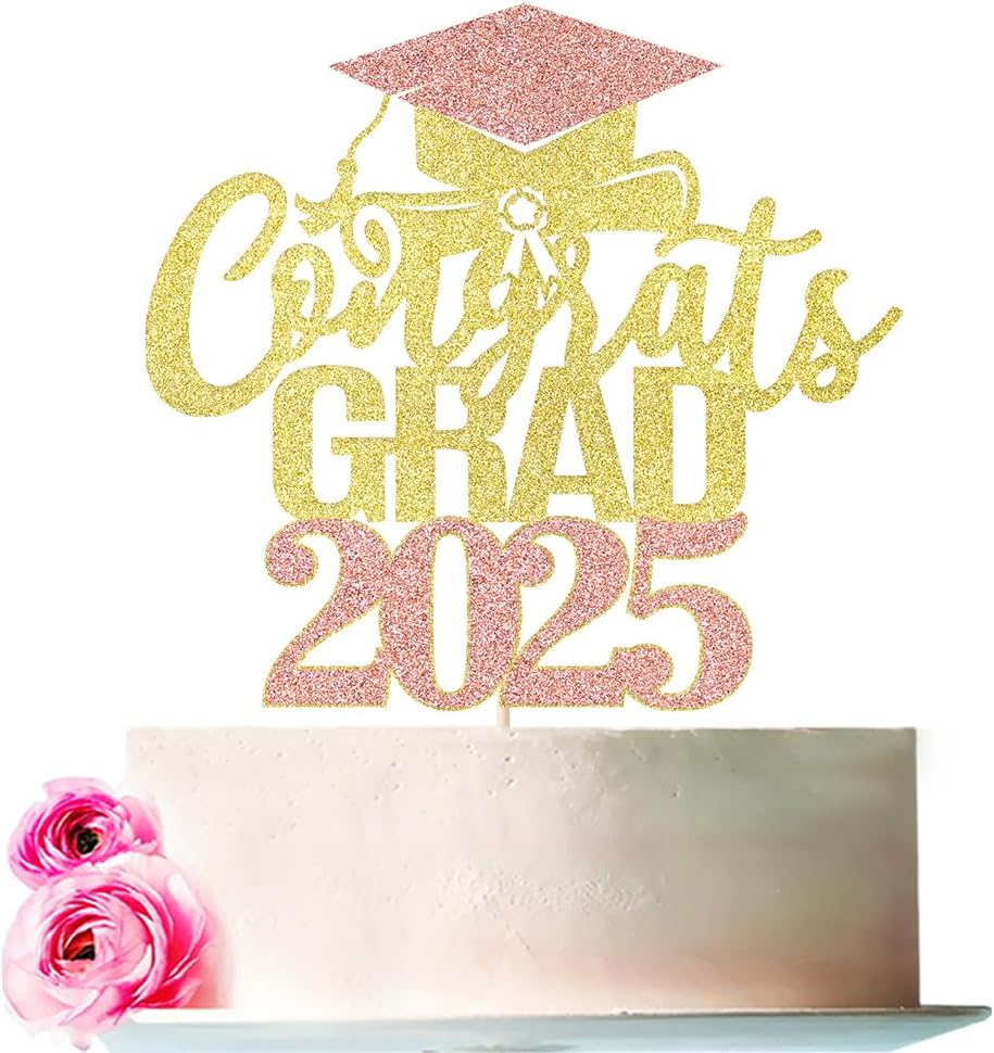 Congrats Grad Cake Topper 2025,Graduation Decorations 2025,Congratulation Graduation Party Decoration Supplies 2025 (Rose gold and gold 5)