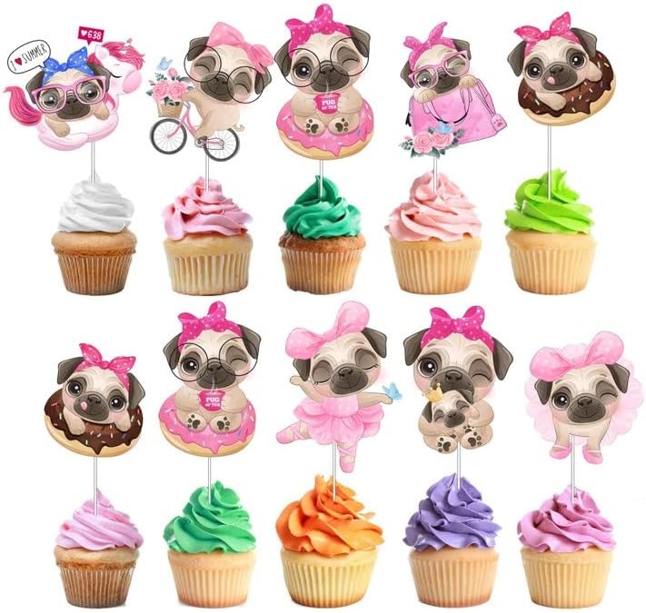 PC Pug Dog Cupcake Topper, Set of 10, Brown, Baby Shower Decorations