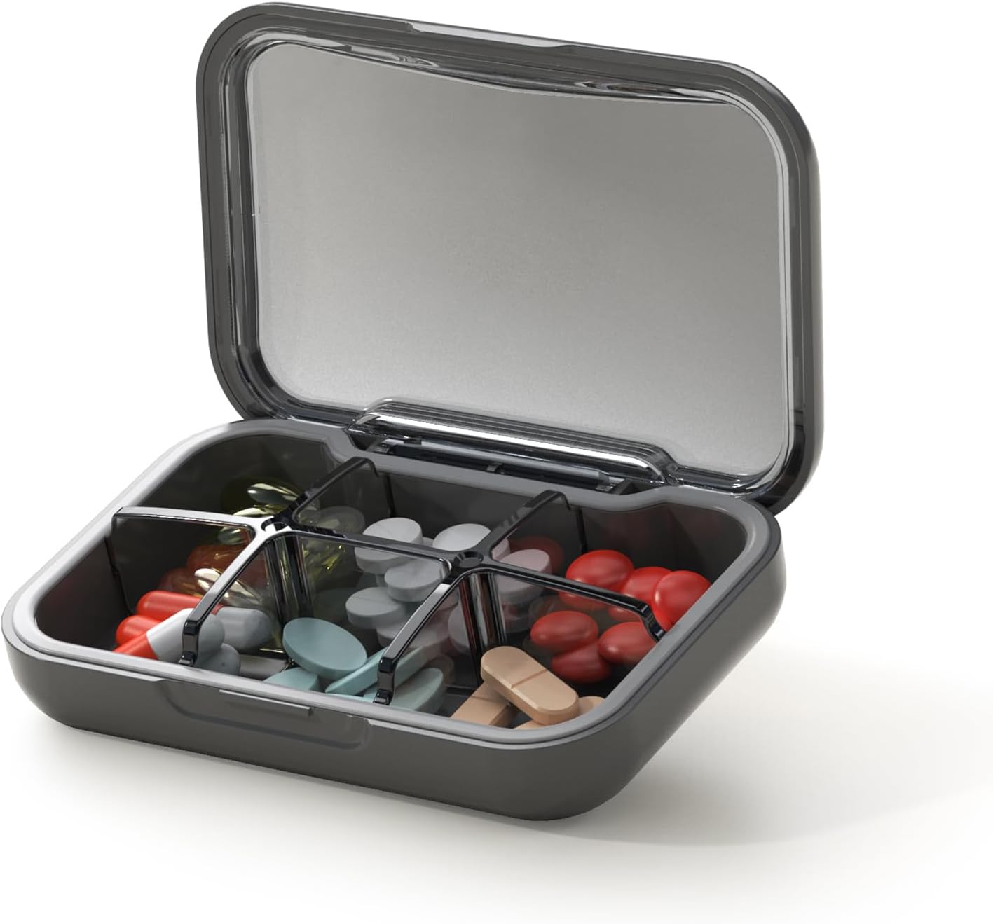 Portable Pill Box, Pill Organizer with 6 Compartments, Daily Medicine Pill Case, Pocket Size Pill Box for Travel, BPA Free Small Pill Container for Vitamins, Fish Oil, Supplements (Black)