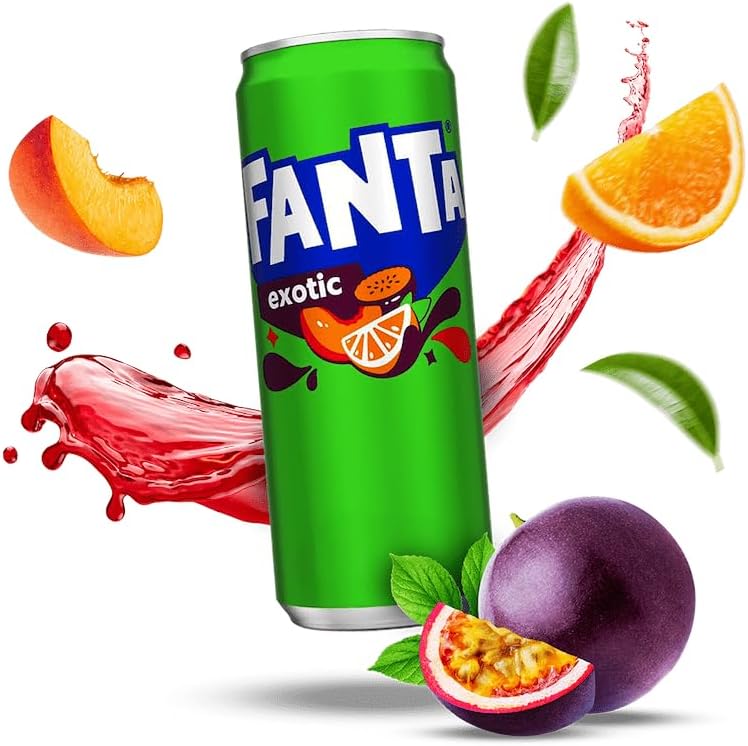 Fanta Soft Drink Exotic Flavor (Passion fruit, Peach, Orange) From Denmark 330ml Each Can (Case of 24)