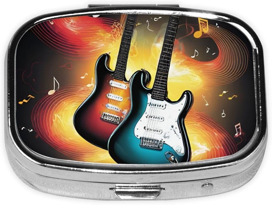 Guitar Bass Music Musical Instruments Mini Pill Box with 2 Compartment Pill Dispenser, Compact Pill Organizer and Pill Case, Iron Metal Electroplated Push Button Easy Open Pill Container